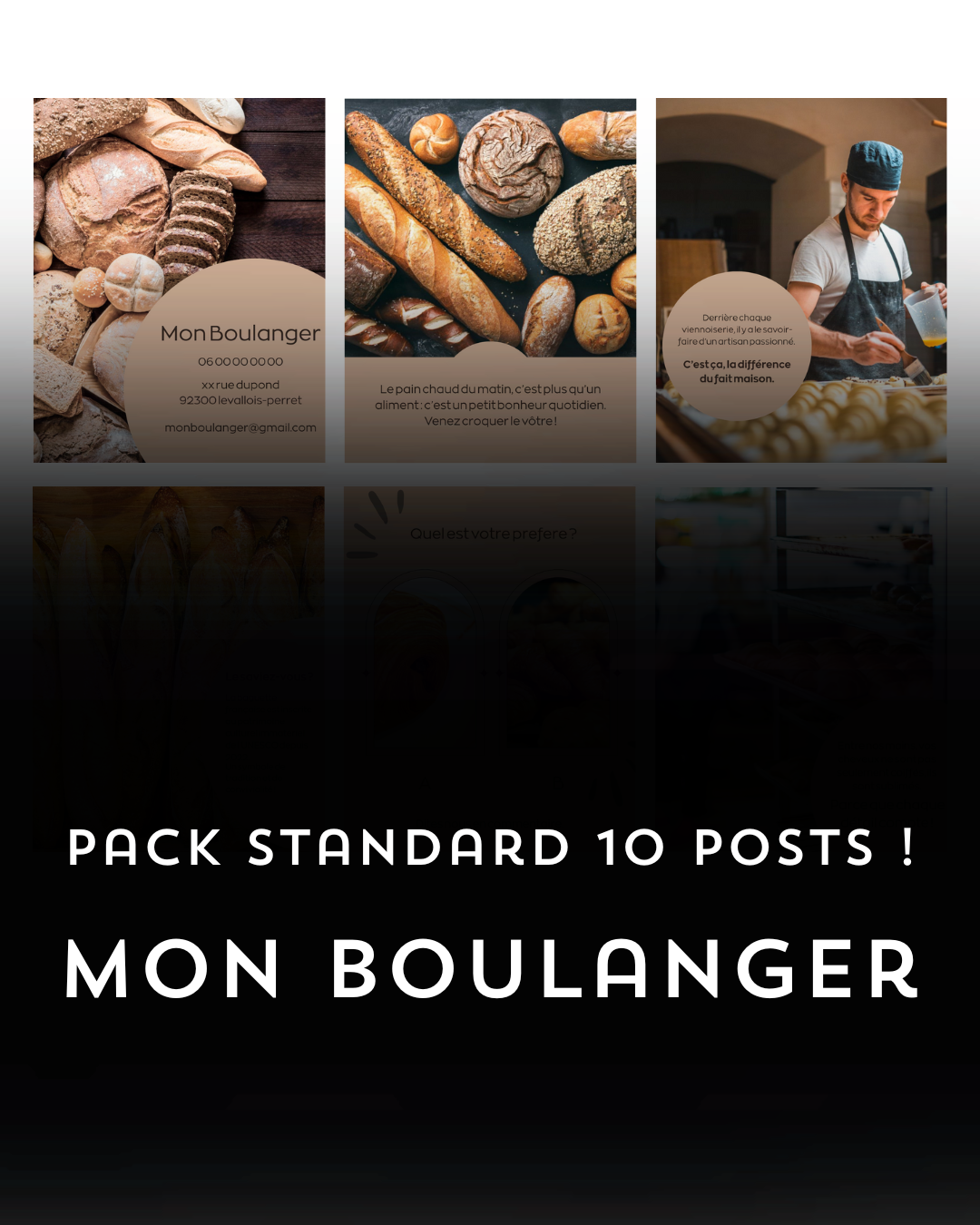 Gagnez du temps avec 10 posts Instagram & Facebook clés en main. Valorisez votre savoir-faire de boulanger et fidélisez vos clients facilement !