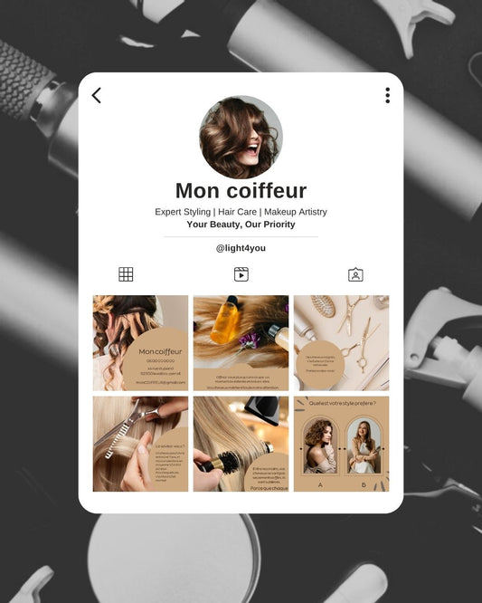 Gagnez du temps avec 10 posts Instagram & Facebook clés en main. Valorisez votre savoir-faire de coiffeur et fidélisez vos clients facilement !