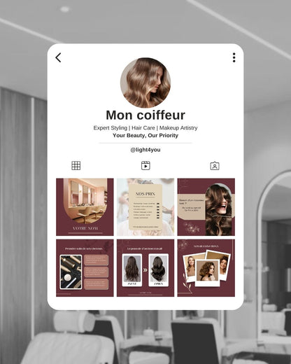 Gagnez du temps avec 10 posts Instagram & Facebook 100% modifiable. Valorisez votre savoir-faire de coiffeur et fidélisez vos clients facilement !