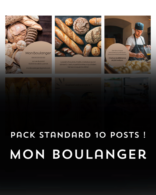 Gagnez du temps avec 10 posts Instagram & Facebook clés en main. Valorisez votre savoir-faire de boulanger et fidélisez vos clients facilement !